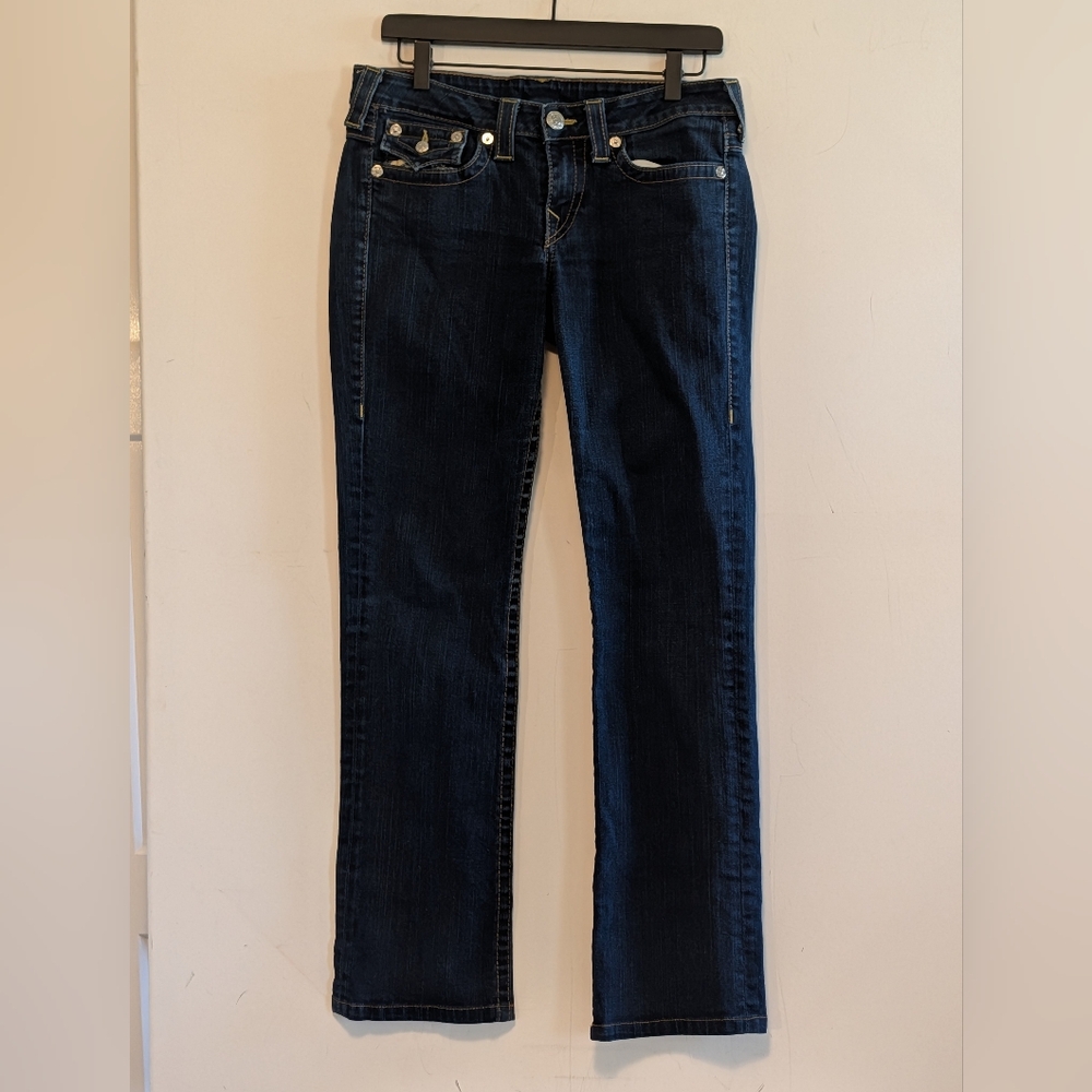 True Religion Blue Denim Jeans Horseshoe Zebra Women's 31 USA Flap Pockets Billy